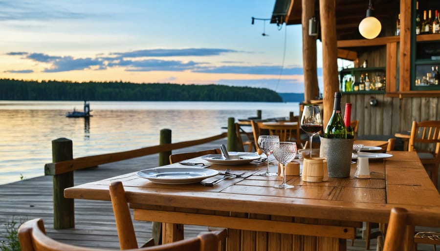 Lakeside restaurant patio with dining tables overlooking lake and pine forest
