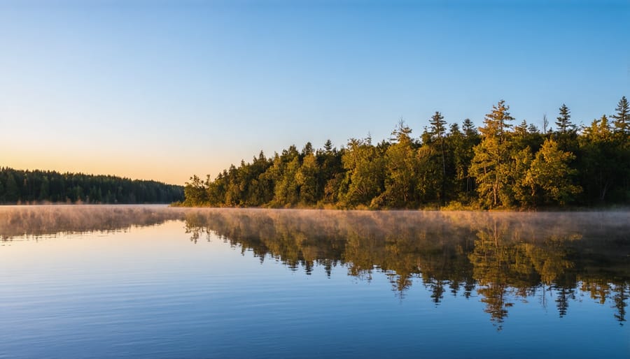 Calm Ontario lake at sunrise showing perfect mirror reflection of pine trees and colorful sky