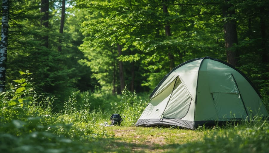Camping tent set up among pine trees in Ontario provincial park