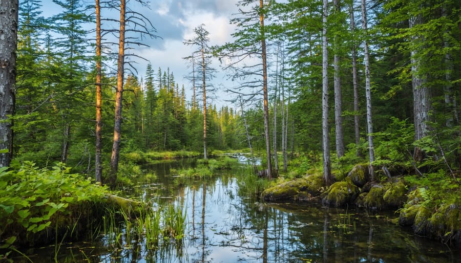 Pristine lake shoreline with rocks and forest in Ontario provincial park