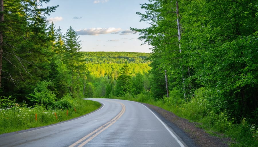 Scenic winding park road through Ontario wilderness with mountain biker