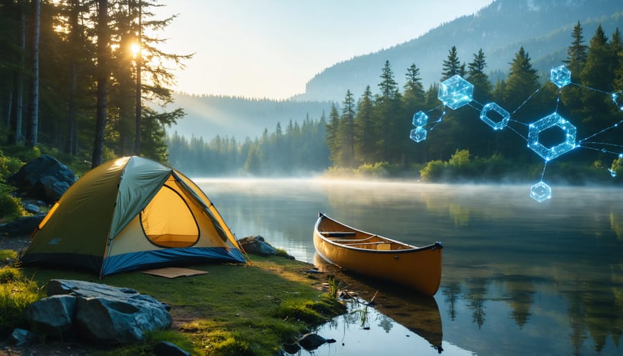 Lakeside campsite in Ontario with a tent and canoe on a rocky shore at sunrise, pine forest and mist on the water, with subtle translucent network lines and glasslike chain links floating above to symbolize blockchain transparency.