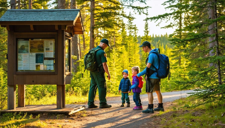 Park ranger at an Algonquin Provincial Park trailhead assisting three culturally diverse families beside a wooden information kiosk, with pine forest, a winding trail, and a distant lake catching golden-hour light; no visible text.
