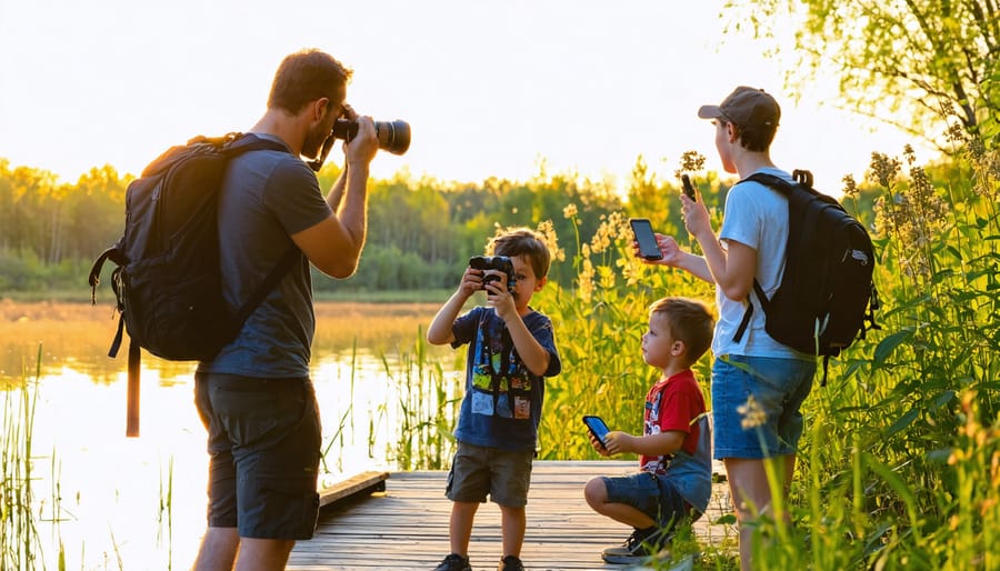 Diverse group with a park naturalist on a wooden boardwalk in an Ontario marsh; one person uses binoculars for birds, another photographs a monarch on milkweed, and a child holds an audio recorder toward reeds, with forest and lake in the background at golden hour.