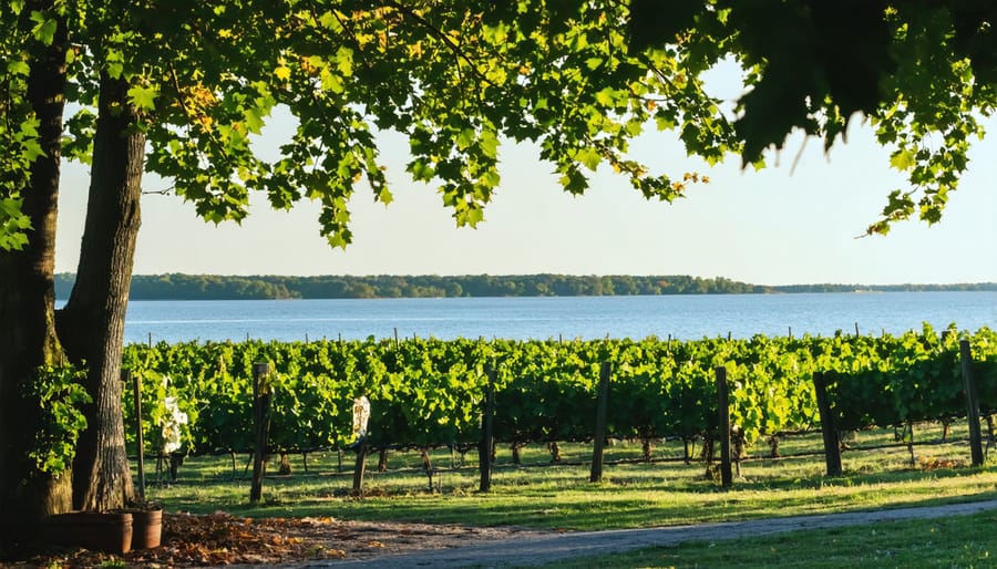 Vineyard dining table with wine and food overlooking grapevines and lake