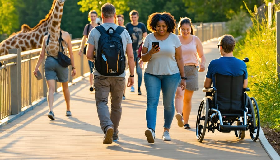 Diverse visitors, including a person in a powered wheelchair and someone with hearing aids, travel along an accessible zoo boardwalk at golden hour as another holds a smartphone for navigation; animal habitat and signage are softly blurred in the background.