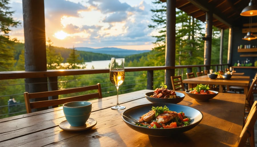 Restaurant meal on outdoor patio with forest views in background