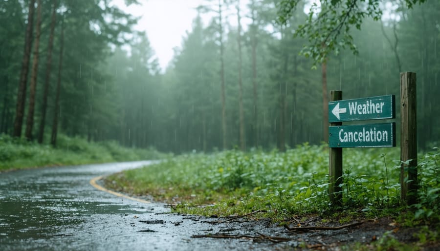 Empty Ontario park campsite with dramatic weather conditions and forest surroundings