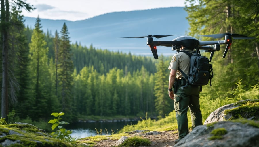 Park ranger with tablet displaying drone footage overlooking Frontenac Provincial Park landscape