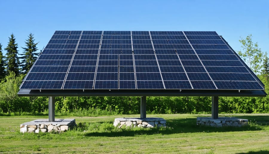 Solar panels installed on wooden campground building roof surrounded by forest