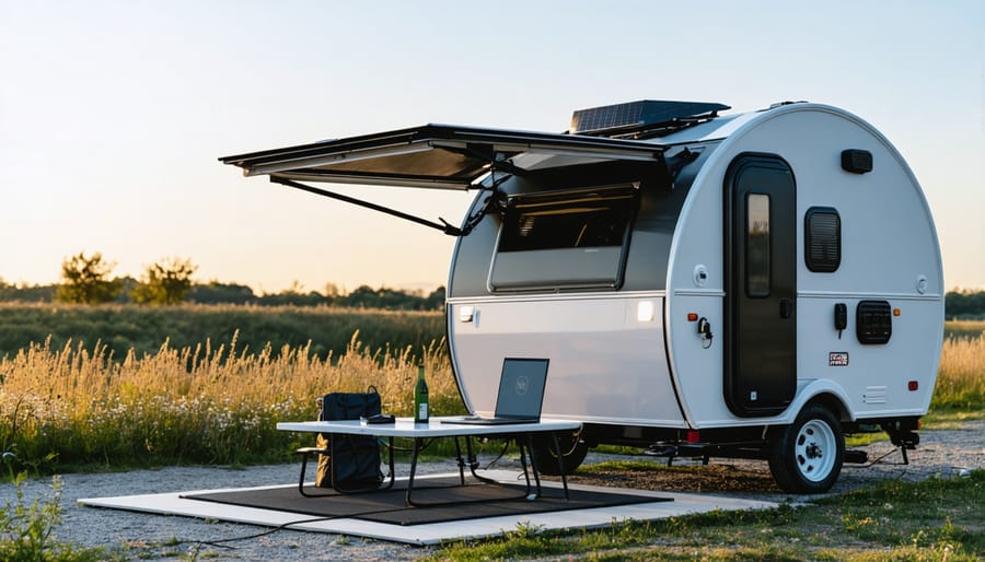 Family camping with solar charging equipment at Ontario park campsite