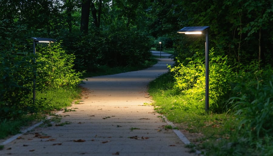 Solar-powered lights illuminating stone pathway at dusk in provincial park