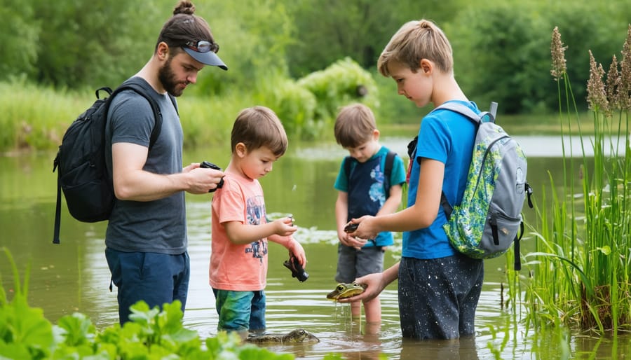 Group of families with binoculars and field guides at wetland edge during spring morning