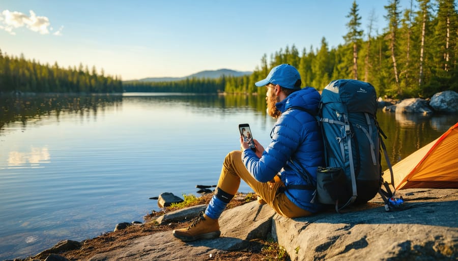 Hiker with a wrapped ankle sits on granite by a lake in an Ontario backcountry setting, holding a smartphone showing a doctor on a video call, with a partner, tent, and pine trees in the background at golden hour.