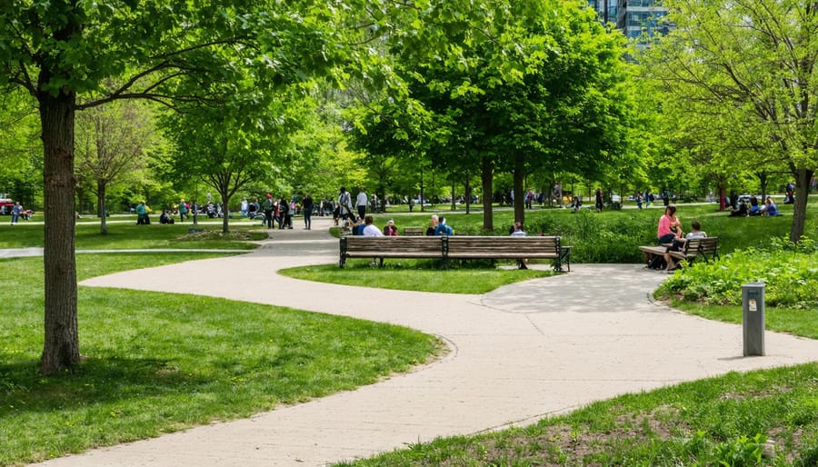 Diverse group of visitors enjoying urban park green space with Toronto skyline in background