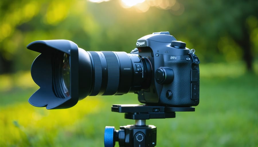 Professional video camera with stabilizer gimbal on rock in autumn forest setting