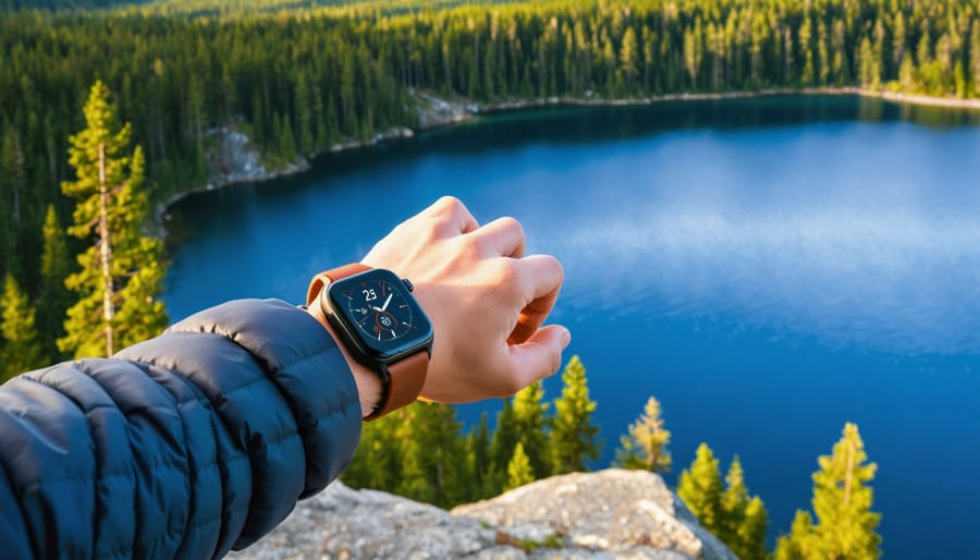 First-person view of a hiker’s wrist checking a smartwatch on a forested ridge above a lake at golden hour, with pines and granite softly blurred in the background.