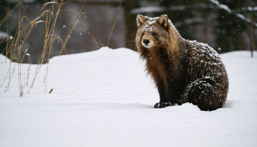 Person examining animal tracks in fresh snow during winter wildlife survey