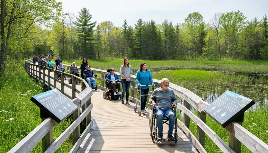 Person in wheelchair using accessible wooden boardwalk trail through forested park area