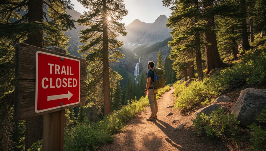 Two hikers exploring alternative forest trail with sunlight filtering through trees