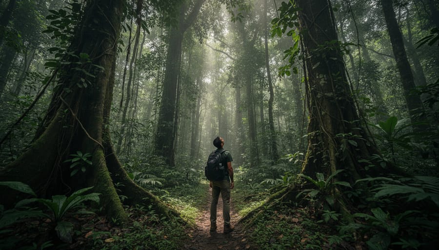 Amazon rainforest canopy with morning light filtering through dense vegetation layers