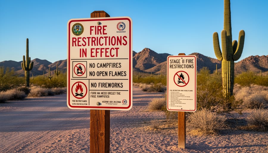 Fire restriction warning sign in Arizona desert with cacti in background