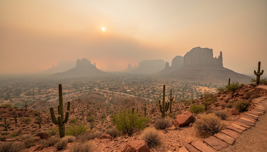 Arizona mountain landscape obscured by wildfire smoke showing reduced visibility