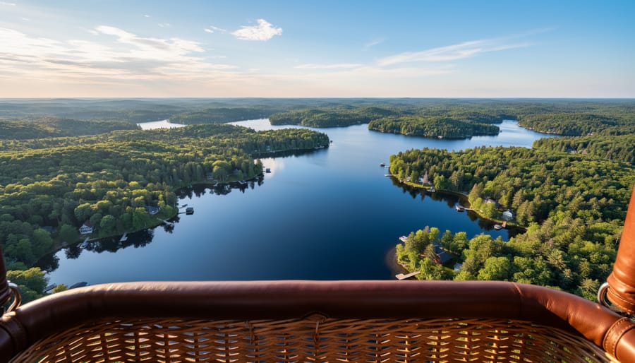 View from hot air balloon basket showing passengers looking over Muskoka lakes and forests