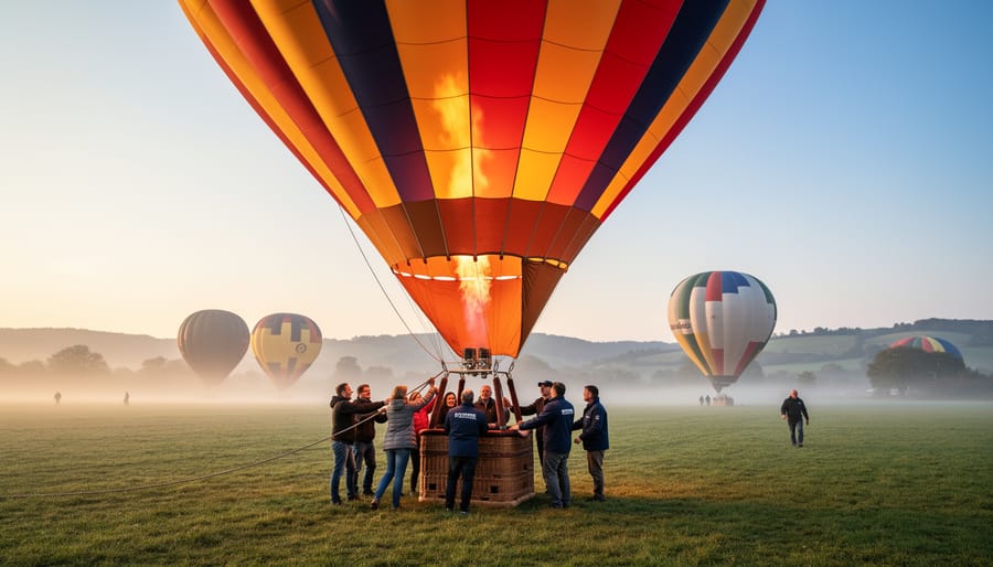 Ground crew inflating hot air balloon envelope at dawn with passengers helping
