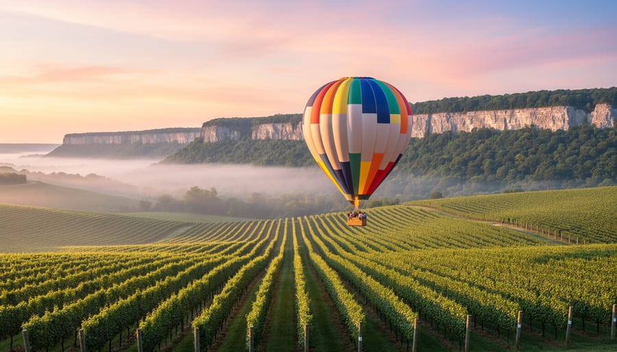 Hot air balloon floating over vineyard rows in Ontario wine country during golden hour