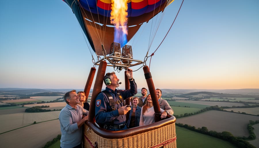 Hot air balloon pilot operating propane burner controls inside balloon envelope