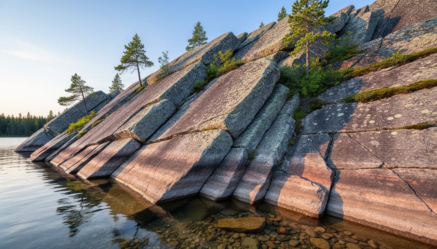 Ancient pink granite and white quartzite rock formations of the Canadian Shield with forest backdrop