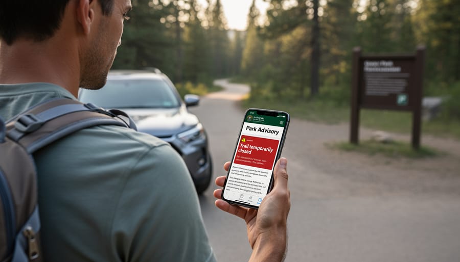 Hiker checking park closure advisories on smartphone before trail visit