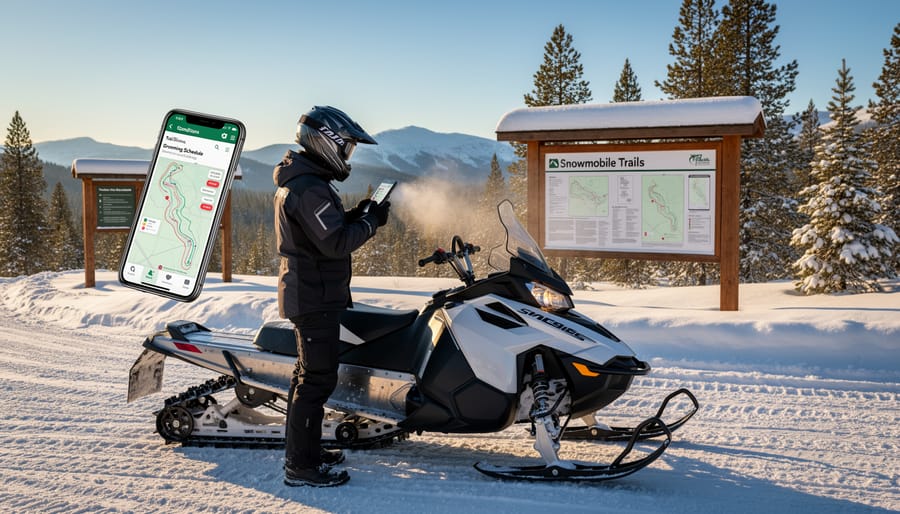Two snowmobilers checking trail conditions on smartphone before riding