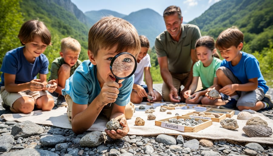 Child using magnifying glass to examine mineral crystals in granite rock specimen