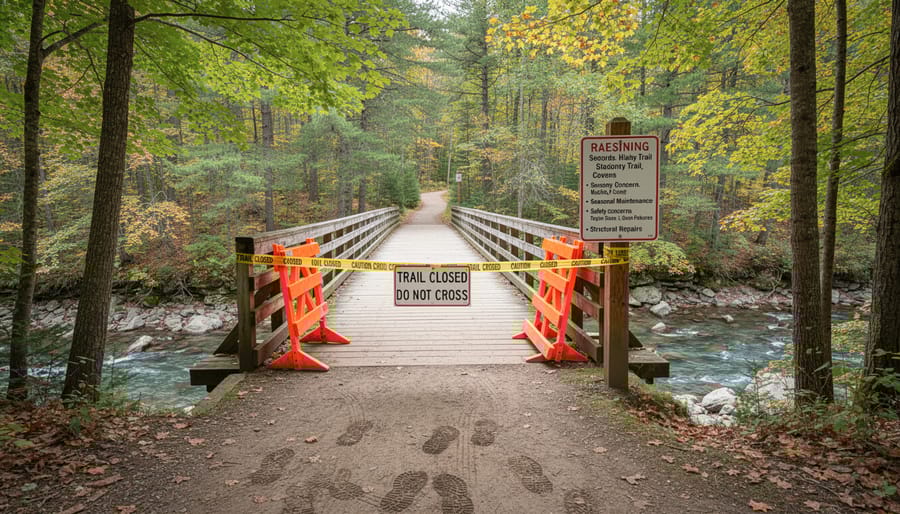 Closed wooden trail bridge with orange safety barrier blocking access in forested park setting