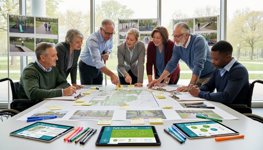 Diverse group of community leaders examining park accessibility features during outdoor workshop