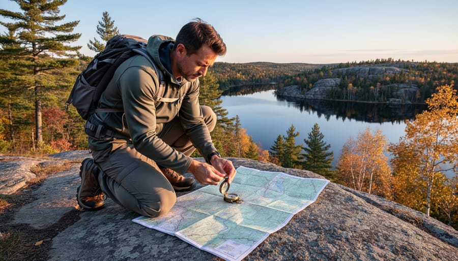 Hiker overlooking expansive Ontario wilderness landscape from rocky viewpoint