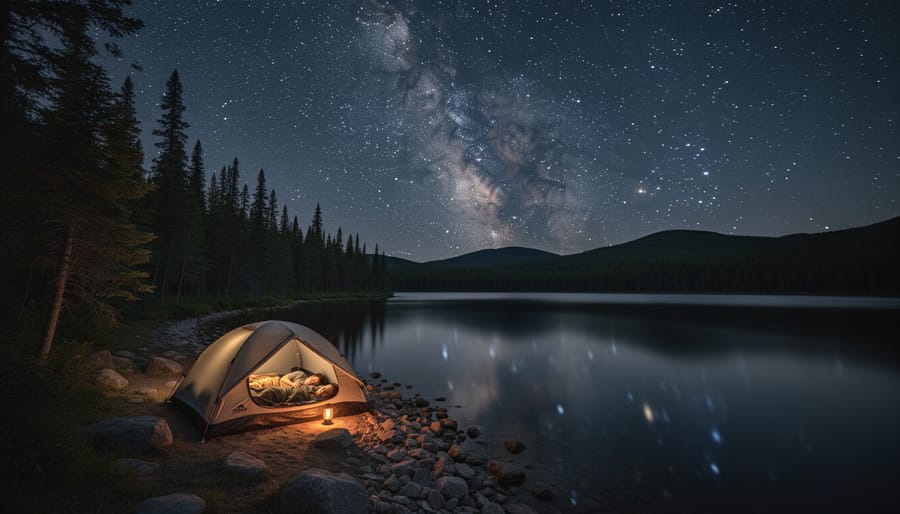 Camping tent under starry night sky in Ontario wilderness showing dark sky advantage