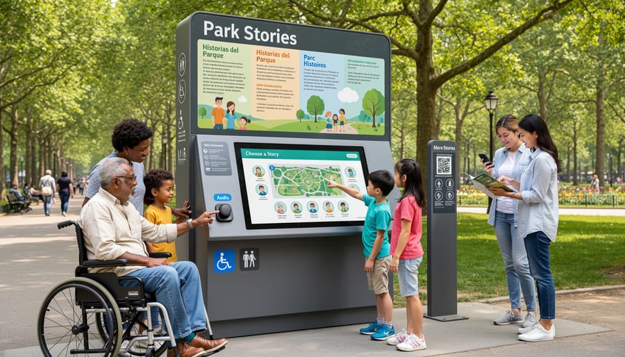 Diverse family reading interpretive signage together in Ontario provincial park