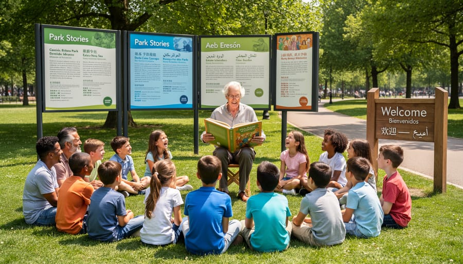 Parent and child exploring park trail together with interpretive markers