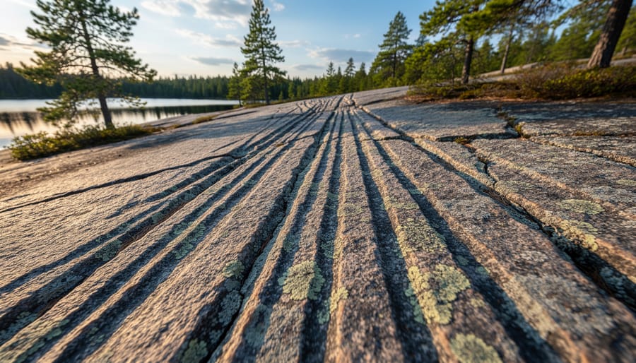 Close-up of parallel glacial striations scratched into granite bedrock surface