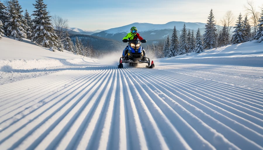 Ground-level view of freshly groomed snowmobile trail showing corduroy pattern