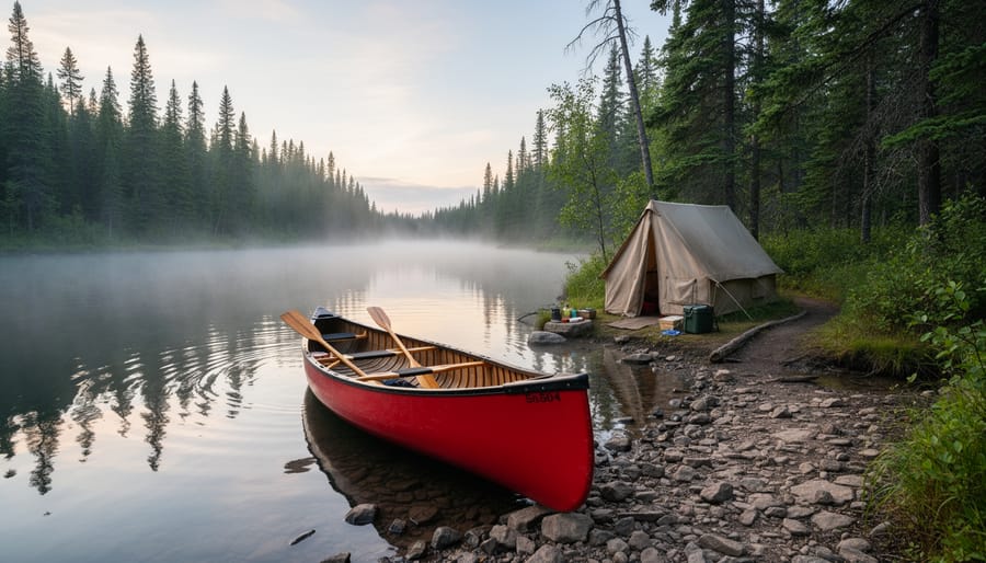 Canoe on misty lake at sunrise in Ontario wilderness during heritage camping trip