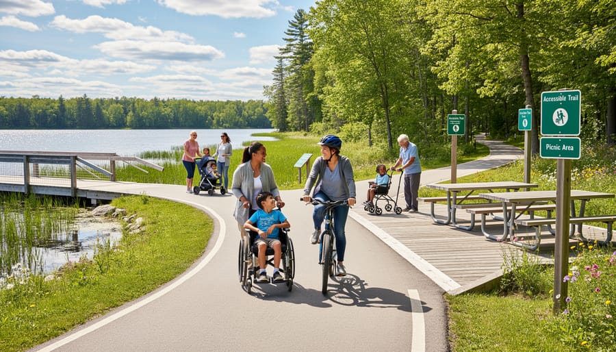 Family with child using adaptive mobility device at accessible lakeside picnic area
