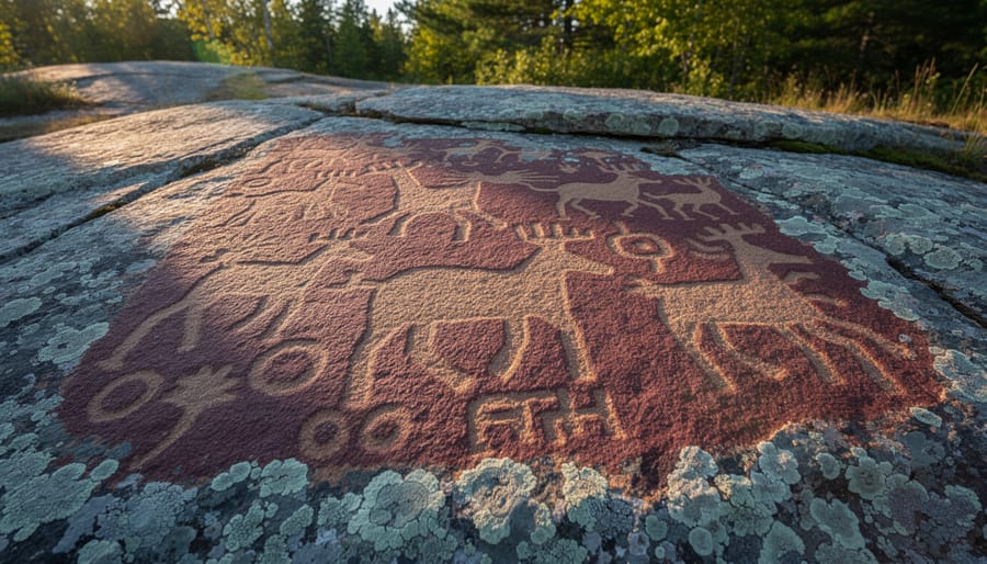 Ancient Indigenous petroglyphs carved into granite rock surface showing geometric patterns