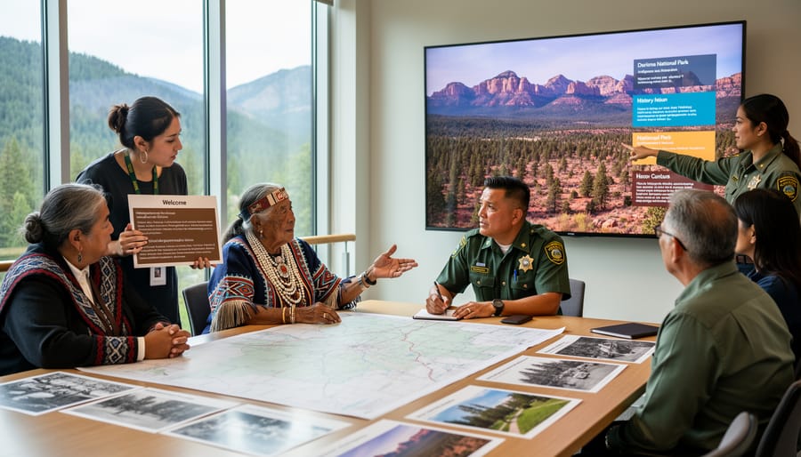 Indigenous elder and park interpreter sharing stories beside traditional canoe