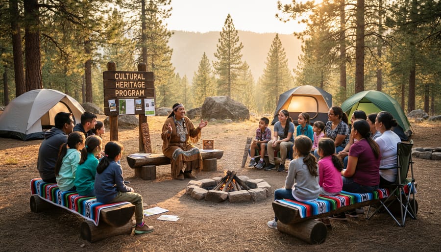 Family gathered around campfire listening to Indigenous cultural storytelling at Ontario heritage camping site