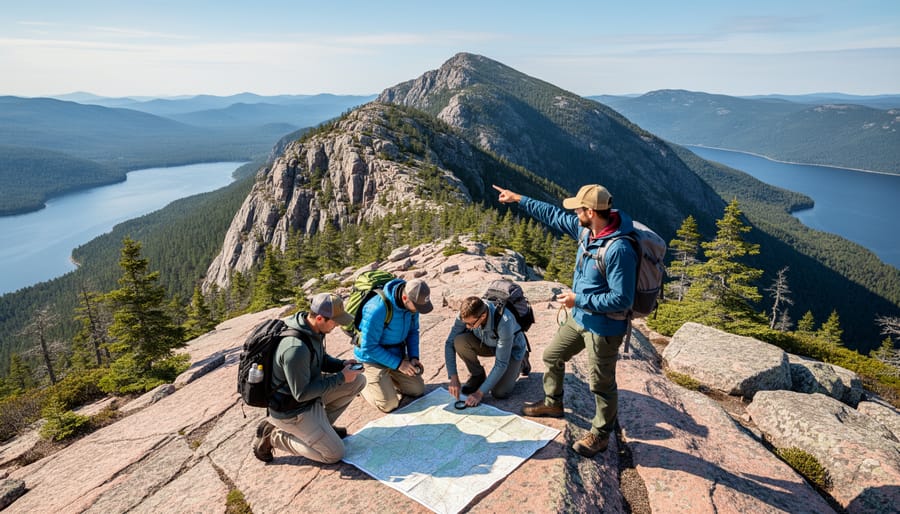 Aerial view of Killarney Provincial Park showing pink granite ridges, lakes, and forested terrain