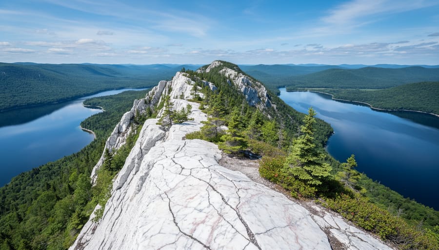 Massive white quartzite cliff face rising from lake water at Killarney Provincial Park